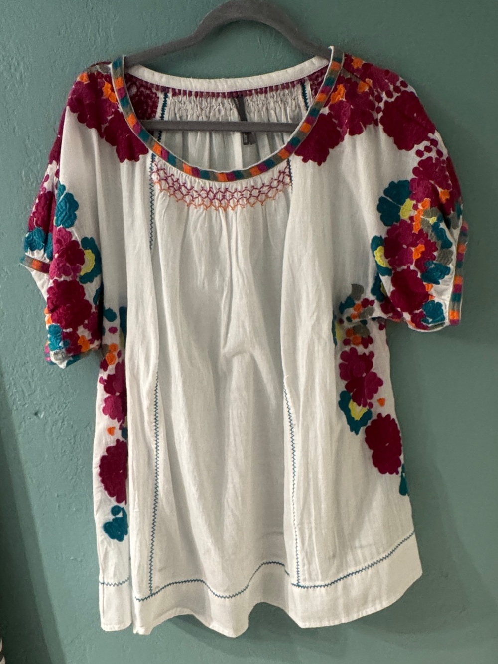 Floral Embroidered Peasant Top - White with Pink & Teal Accents - ANTHROP NWOT